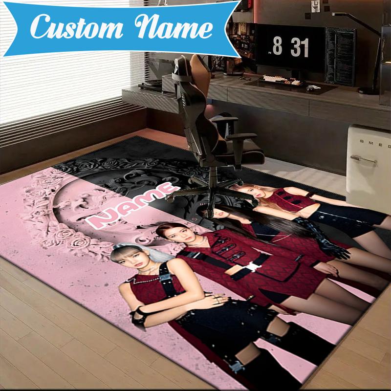 Custom Name Floral Fashion Kpop BP Rug for Living Room, Game Rooms, Office, Bedroom, Floor Mat Playful Design, fan gifts Christmas decor