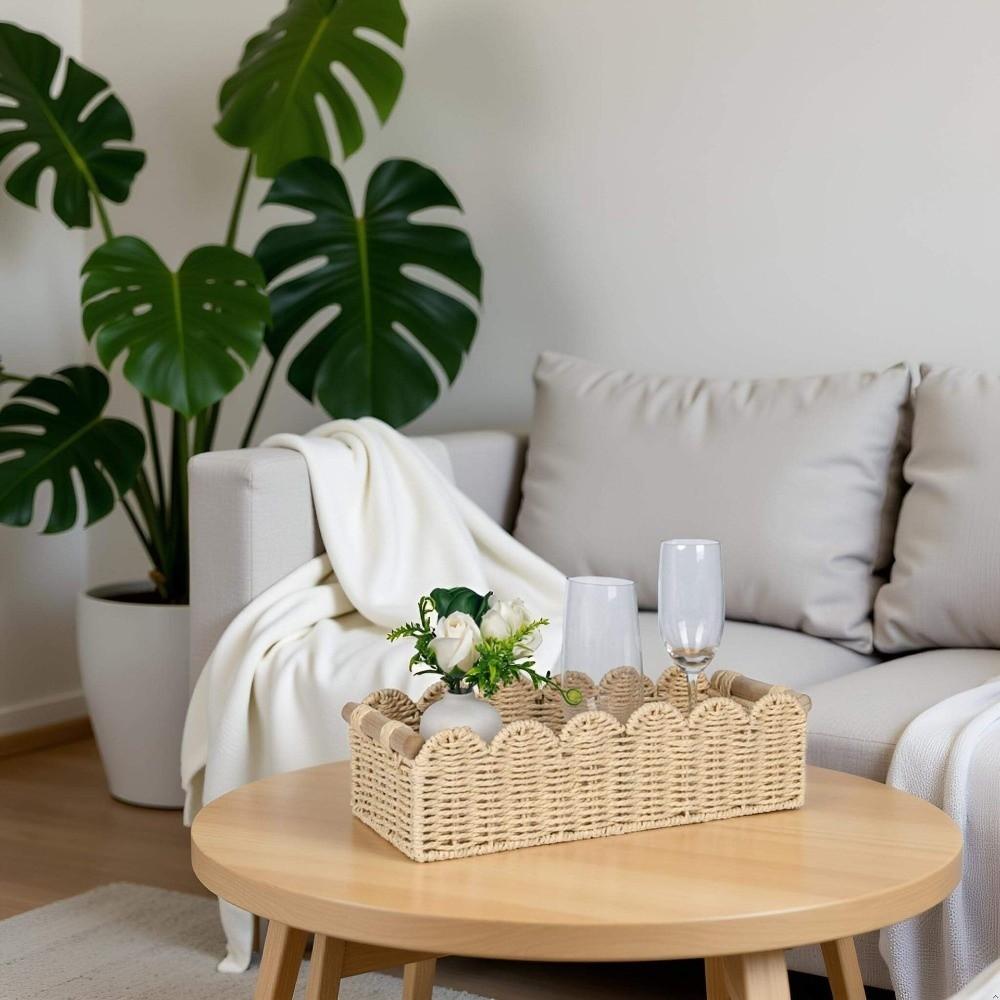 Wooden Handles Storage Basket Scalloped Edge Decor Basket Paper Rope Basket Home Decor