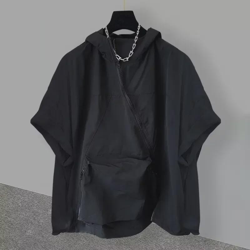T-shirt alla moda da uomo a maniche corte con cappuccio, cerniera e tasca grande - Stile estivo coreano