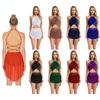 Womens Lyrical Dance Costume Cutout Strappy Backless Sheer Mesh Overlay Glittery Rhinestone Leotard Dress