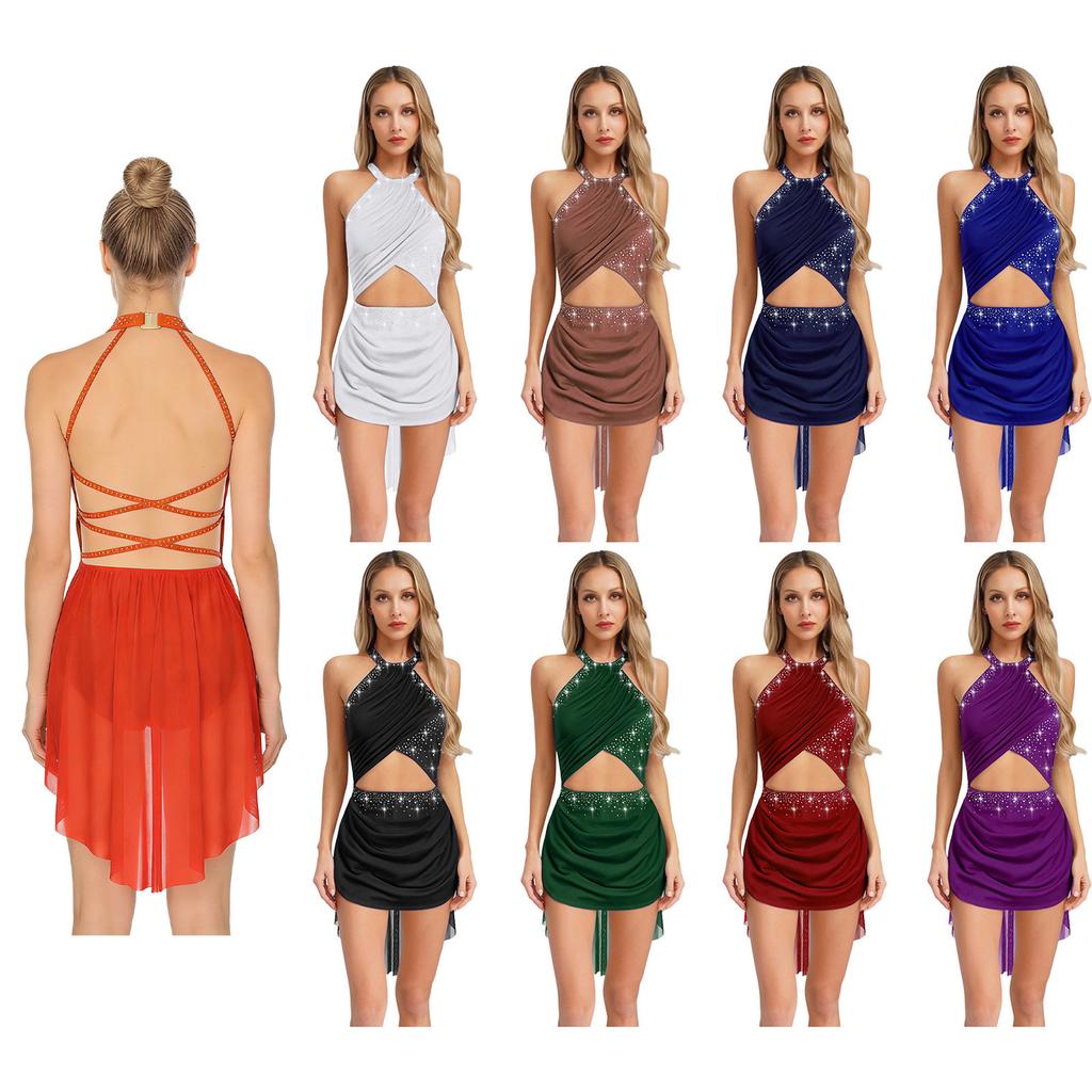 Costum de dans liric strălucitor pentru femei Tricou cu fustă fără spate Îmbrăcăminte de dans contemporan modern