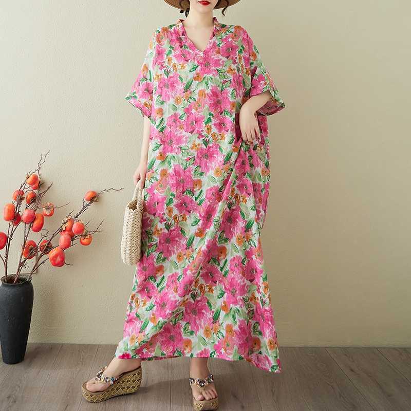 Women's Vintage Long Dress with Cotton and Linen Patterns