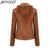BITCED Plus Size Fleece-Lined Women's Leather Jacket with Hood Autumn/Winter Short Coat Warm Casual Jacket