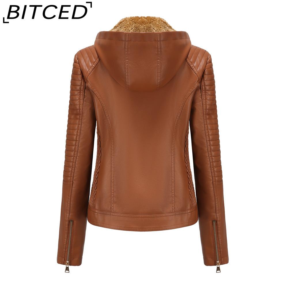 BITCED Plus Size Fleece-Lined Women's Leather Jacket with Hood Autumn/Winter Short Coat Warm Casual Jacket