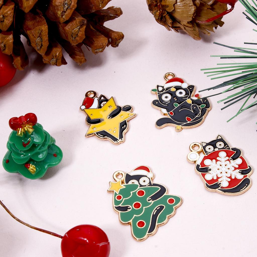 10 Piece Zinc Based Alloy Christmas Charms Gold Plated Multicolor Cat Animal Enamel Pendants For DIY Jewelry Making
