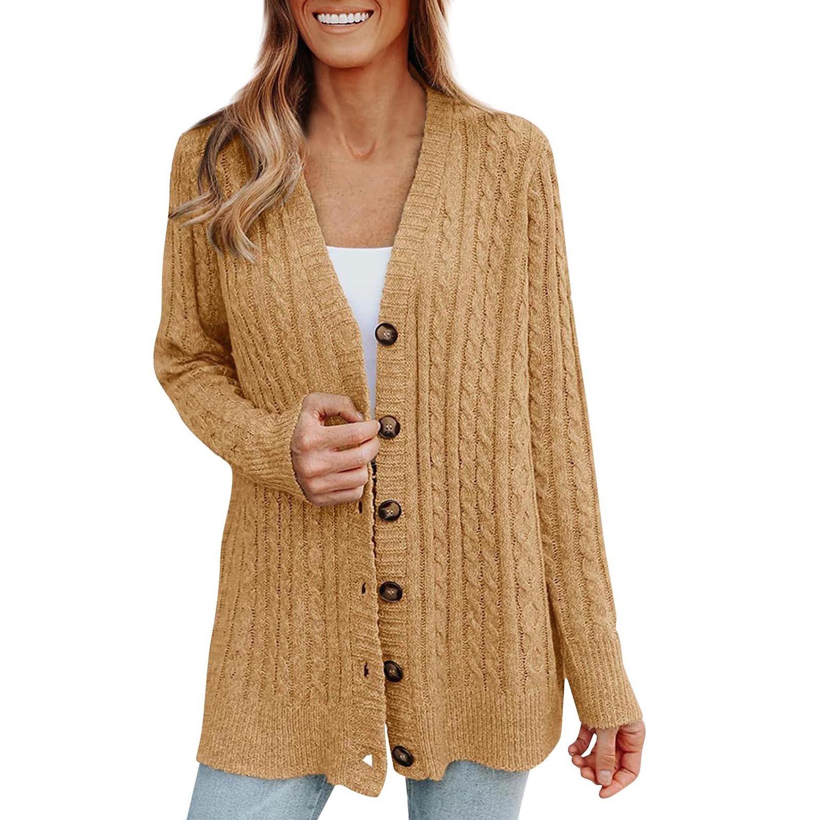 

Женский однотонный повседневный кардиган средней длины с одной пуговицей и карманами, вязаный универсальный свободный свитер, куртка M хаки