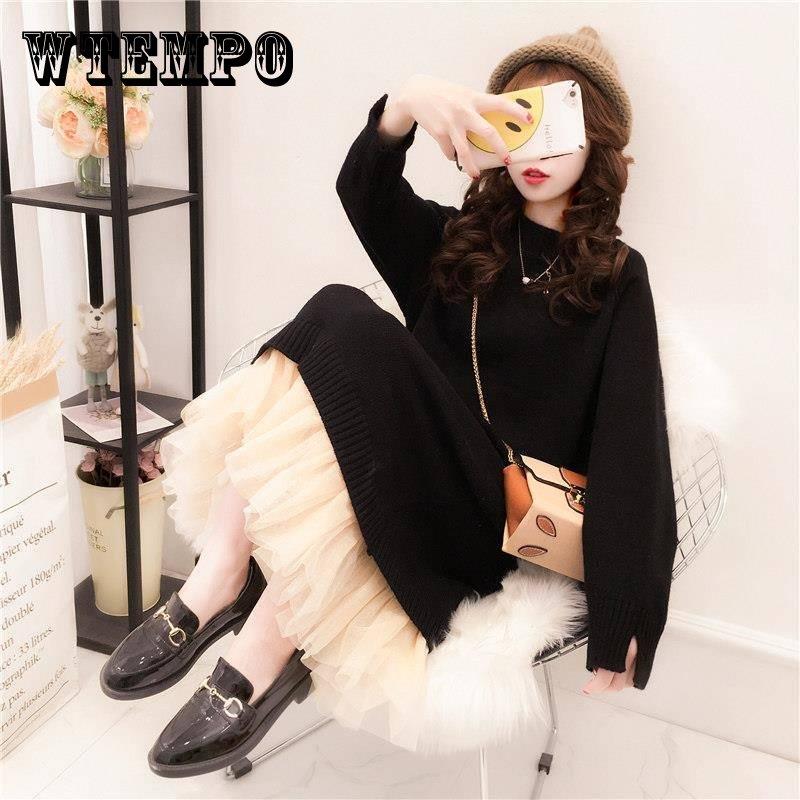 

Pofulove 3 цвета шикарный женский зимний пуловер платье-свитер милая кружевная трикотажная длинная юбка с круглым вырезом