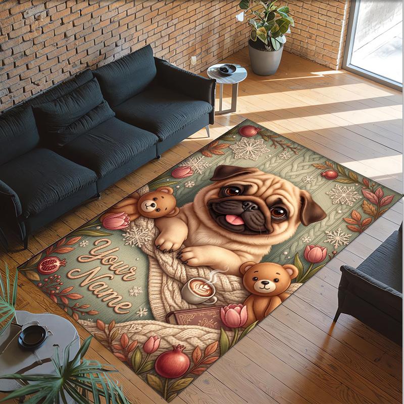 Pug Theme Crystal Velvet Floor Rug Personalized Custom Name Text Warm Carpet Home Decoration