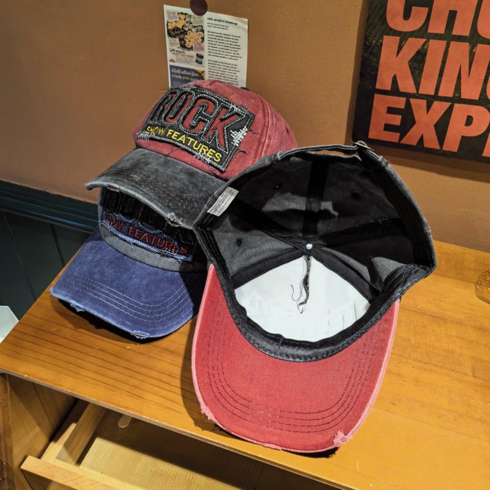 American Style Vintage Baseball Cap ROCK Embroidery Peaked Cap Casual Tattered Jeans Sun Hat  Men