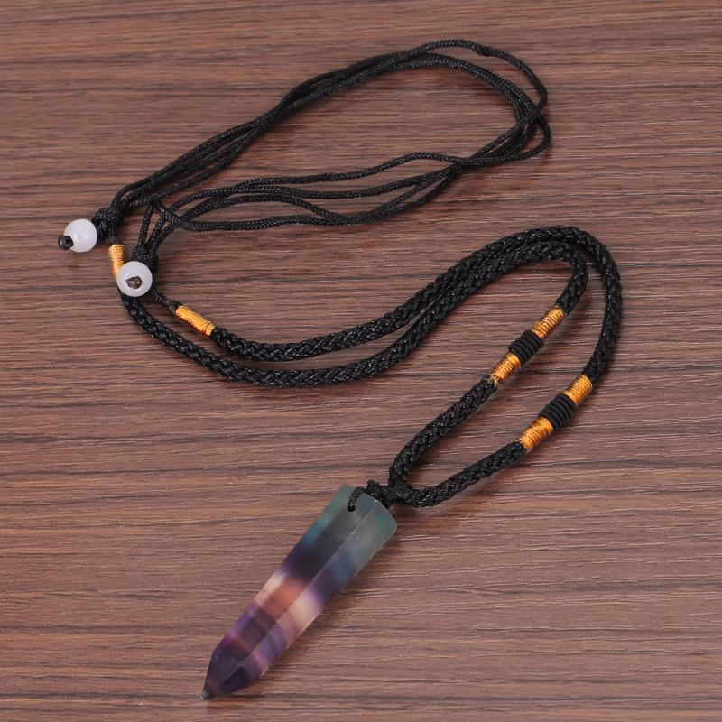 Boho Collana con ciondolo in fluorite colorata, pilastri in pietra originale naturale, prisma esagonale, gioielli in stile etnico