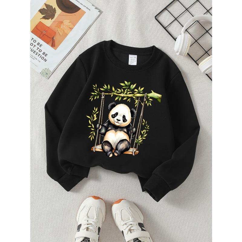 Weiches Rundhals-Sweatshirt für Mädchen mit süßem Panda am Schaukelast und kreativem Print, Lässiger Allrounder für Herbst und Winter, Ideales Weihnachtsgeschenk