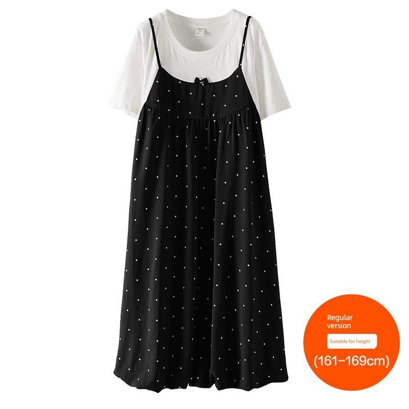 

Plus Size Women s Clothing [French Polka Dot Dress] Three Length Summer False Two-Piece Patchwork Short Sleeve Temperament Long Dress Classic black and white (161-169cm) 8xl