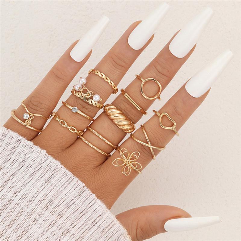 LETAPI Bohemian Vintage Heart Geometric Ring Set For Women Gold Color Boho Butterfly Pearl Hollow Leaves Rings Jewelry Gifts