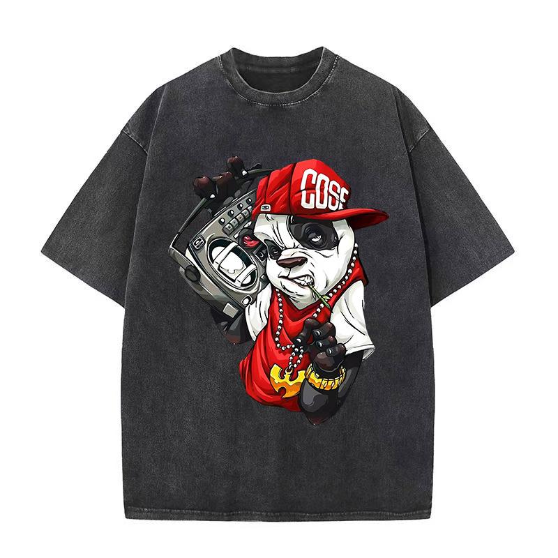 PAmerický retro vzor Hip Hop Medvěd Potisk Tričko Prané Bavlna Krátký Rukáv Letní Streetwear Vintage Unisex Top
