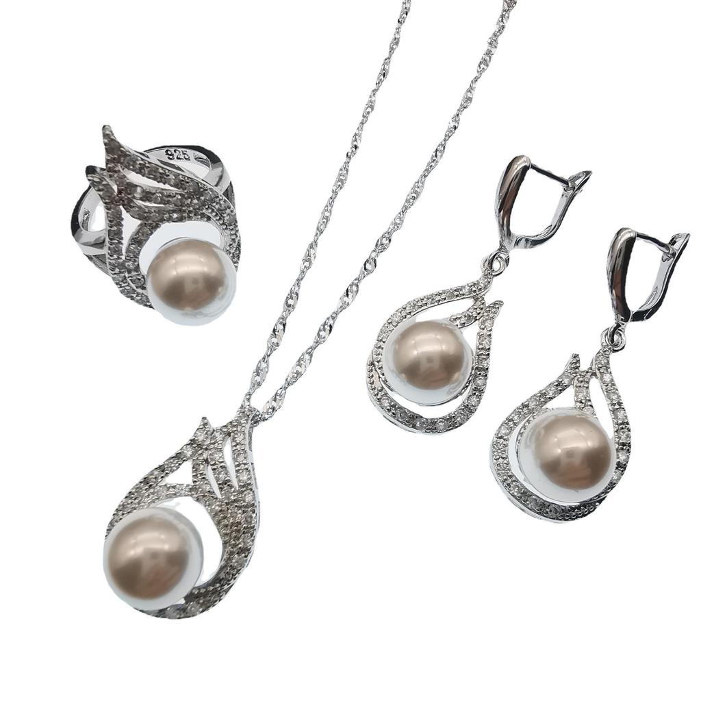 European & American Luxury Zircon Pearl Jewelry Set: Necklace, Earrings, Ring
