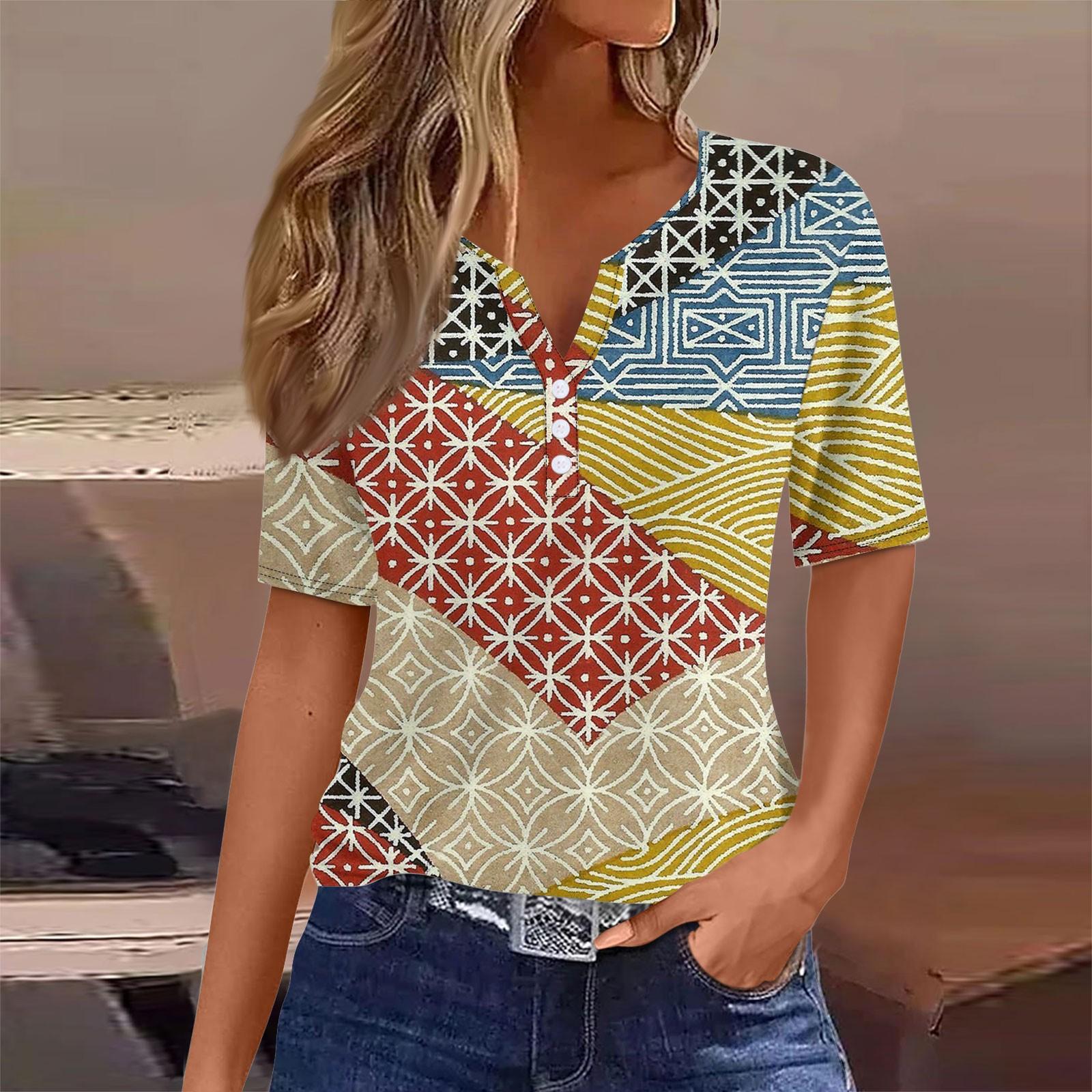 

Жен. Футболка Футболка С принтом Пуговицы С короткими рукавами Повседневные Выходные Мода Классический V-образный вырез Обычный Верх XL жёлтый