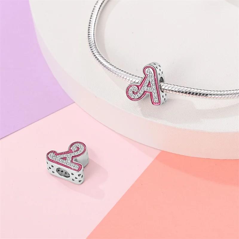New Copper Teenage Girl Pink 26 Letters Charms Beads For 3Mm Original Bracelets Diy Jewelry Birthday Gifts