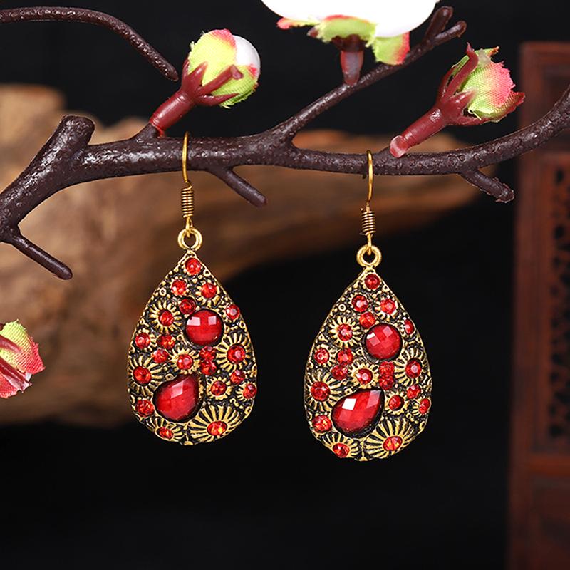 Ethnic Vintage Red Temperament Long Dangle Earrings for Women Flower Peacock and Water Drop Design Wedding Party Jewelry