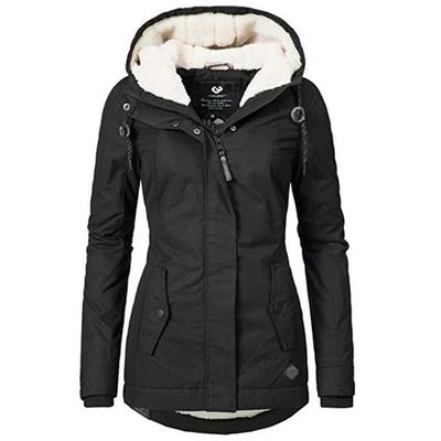 Herbst/Winter 2023 Schwarze, klassische, gefütterte Jacke aus Plüsch-Baumwolle Damen-Jacke mit Kapuze aus Baumwolle