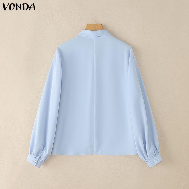 VONDA Womens Casual Tie Up V Neck Long Sleeve Casual Office Shirts Blouse
