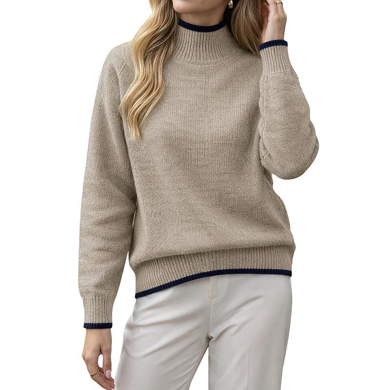 Women's Color Block Trim Pullover High Collar Sweater - European and American Fashion Knitwear