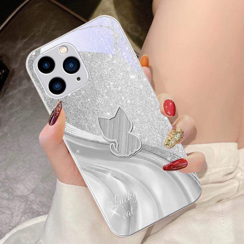 Sparkling Diamond Cat For IPhone 16 Pro Max 15 Pro 14 13 12 Mini 11 XS Max XR 7 8 Plu SE 2022 Tempered Glass Phone Case
