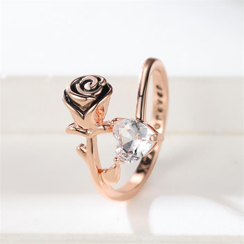 Fashion Female Rose Golden Color Rose Flower Adjustable Ring Luxury Heart Cut White Stone I Love You Forever Wedding Bands Ring Jewelry