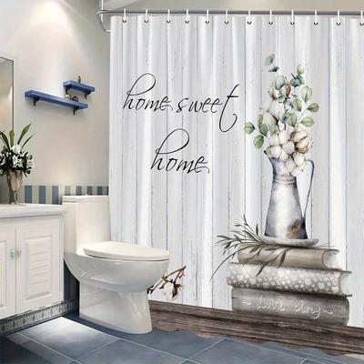 1pc Rustic Floral Shower Curtain - Vintage Pitcher & 'Home Sweet Home', Distressed Wood, Polyester, 70x70", 12 Hooks