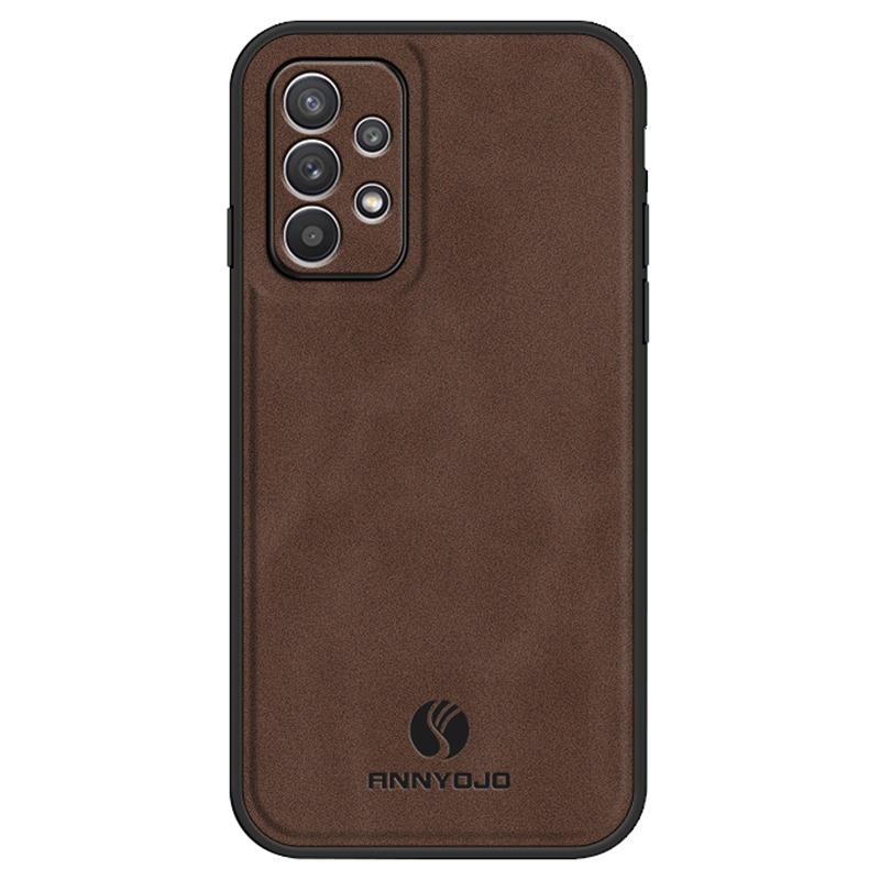 

ANNYOJO For Samsung Galaxy A32 4G (EU Version) PU Leather+PC+TPU Phone Cover Magnetic Car Mount Mobile Case Coffee