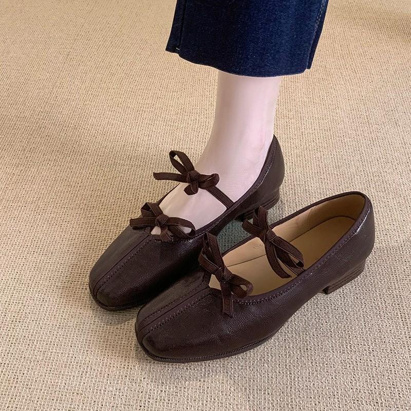 Fashion French retro bow shallow opening single shoes for women 2025 autumn new style square-toed, thick-heeled Mary Jane shoes