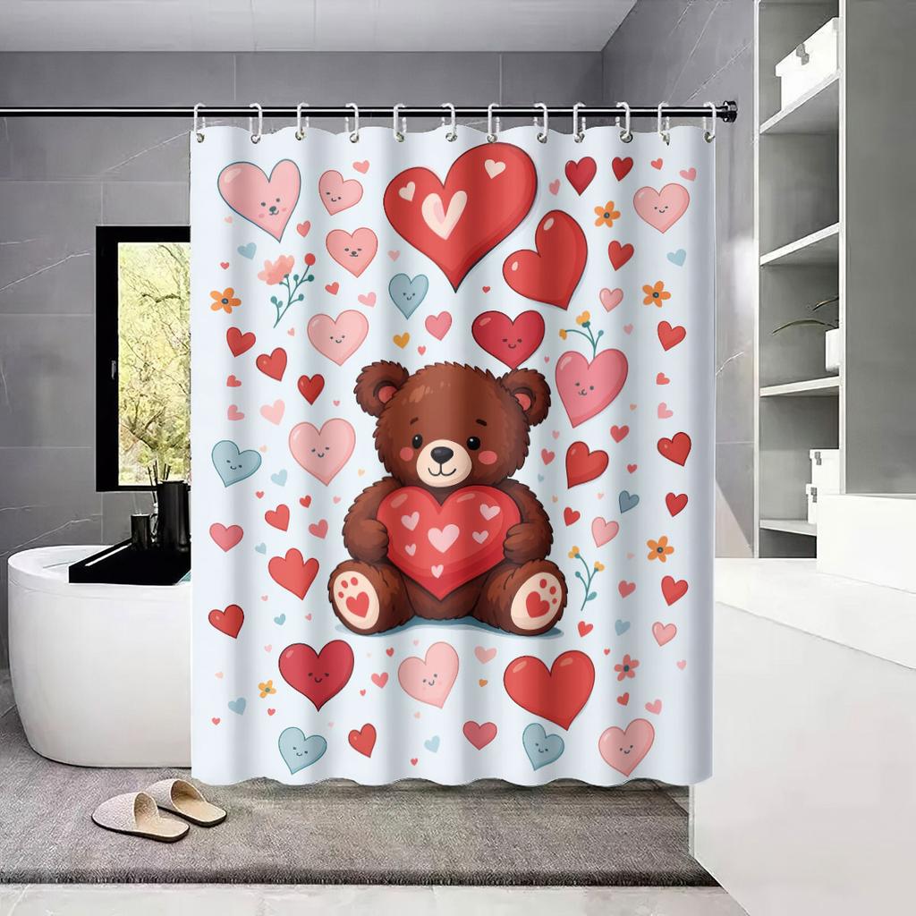 4pcs Valentine's Day Romantic Bear Printed Bathroom Set Waterproof Shower Curtain Floor Mat Toilet Mat U-Shaped Mat