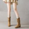 Krazing Pot Cow Suede Nubuck Winter Round Toe Modern Boots Med Heels Slip On Pleated Decoration Women Mid-calf Boots