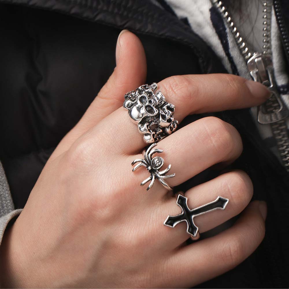 6pcs/Set Punk Men Ring Set Korean Style Skeleton Skull Rings Set Cool Skeleton Rings  Street Wear