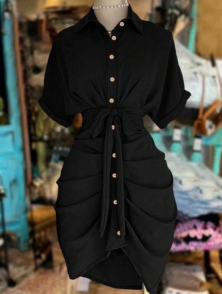 Elegant European & American Style Lace-up Shirt Dress with Adjustable Lapel and Waist-cinching Design - Fashionable Women's Attire for 2026.