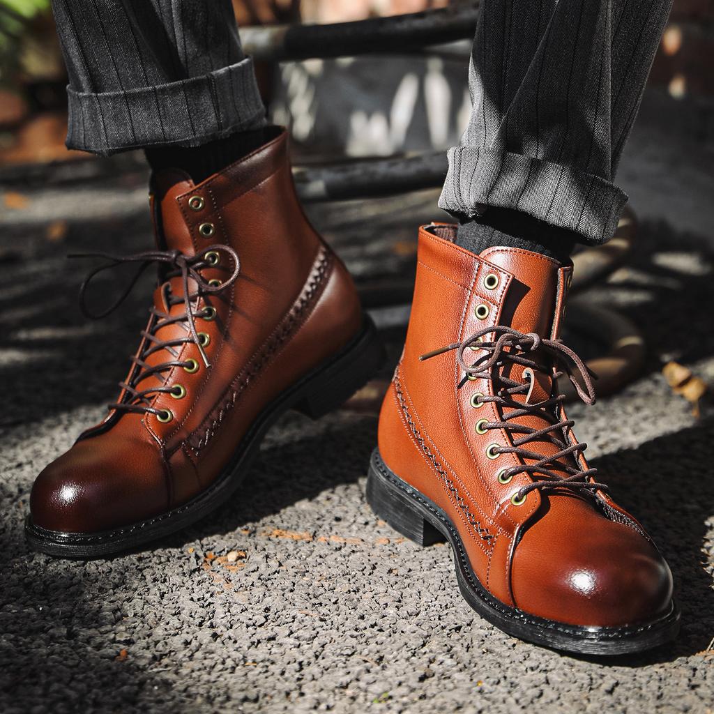 Men's Motorcycle Combat Boots Outdoor Anti-Slip Biker Boot Lace-Up Faux Leather Round Toe Walking Chukka Ankle Boots for Male Retro Dress Booties