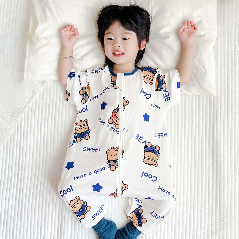 Breathable Baby Cotton Sleep Bag with Short Sleeves - Anti-kick One-piece Pajamas for Spring/Summer