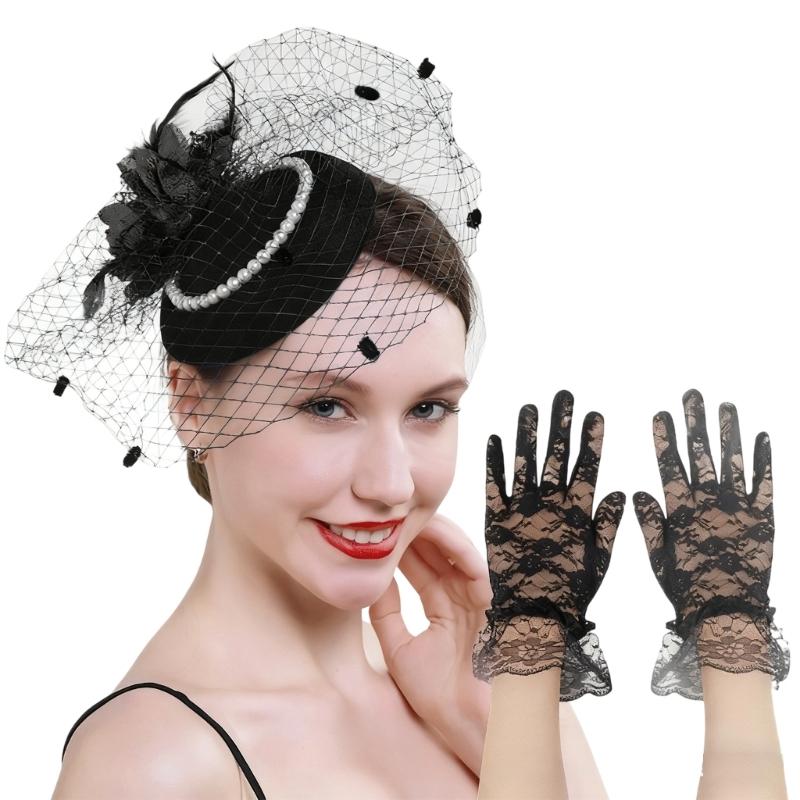 

Lace Fascinator Hat with Pearls Decors Hair Clip Gloves Set For Formal Event And Masquerades Party Photography Props чорний