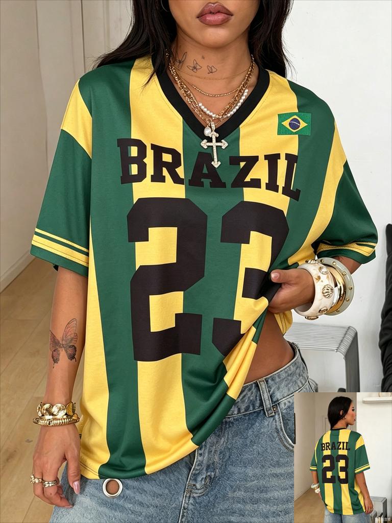 Letnie damskie ubrania uliczne Codzienne Vintage Sportowe Oddychające z nadrukiem 3D Koszulka Jersey Piłkarski Baseballowy Brazylia Karnawałowe Top