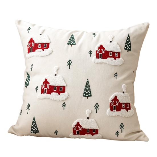 Holiday Gift for Home Decor Christmas Cottage Cushion Cover, Red Snowy House Pillowcase, Decorative Nordic Style Pattern Throw Pillow Case Sofa
