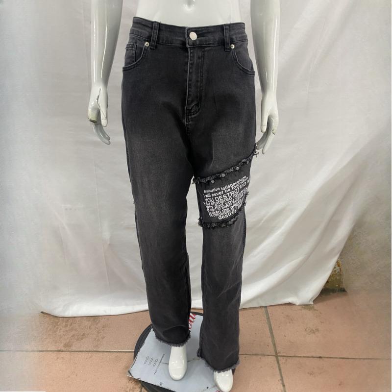 European and American trend straight tube loose washed distressed printed jeans
