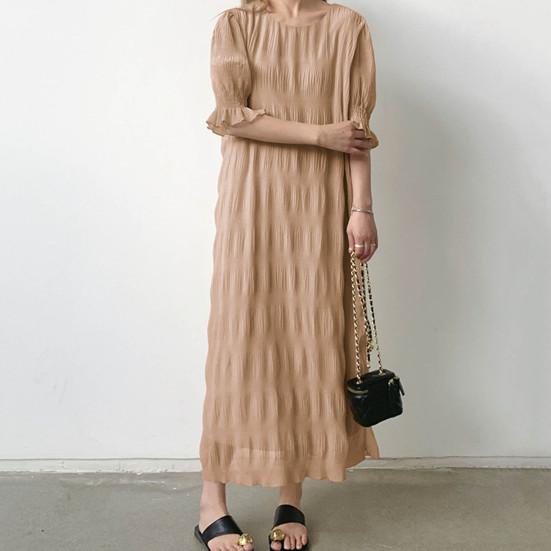 Lady Summer Dress Short Lantern Sleeves Chiffon Textured Loose Patchwork Ruffle Solid