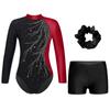 Girls' Gymnastics Leotard with Shorts Headband Long Sleeve Glitter Leotard Competition Dance Costume