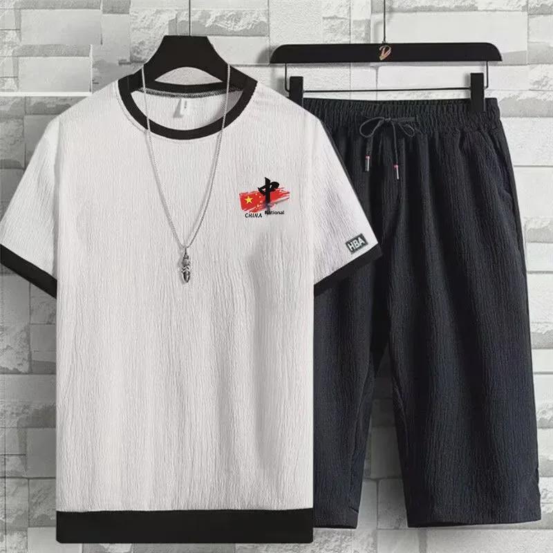 Men's Summer Quick-Dry Ice Silk T-Shirt & Cropped Pants Set - Breathable, Sweat-Absorbent, Loose-Fit, Large Size for Leisure and Sports