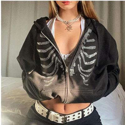 Rhinestone Fermuarlı Kapüşonlu Sweatshirt: Sokak Giyim Günlük Stil, Düz Renk, Bol Kesim.