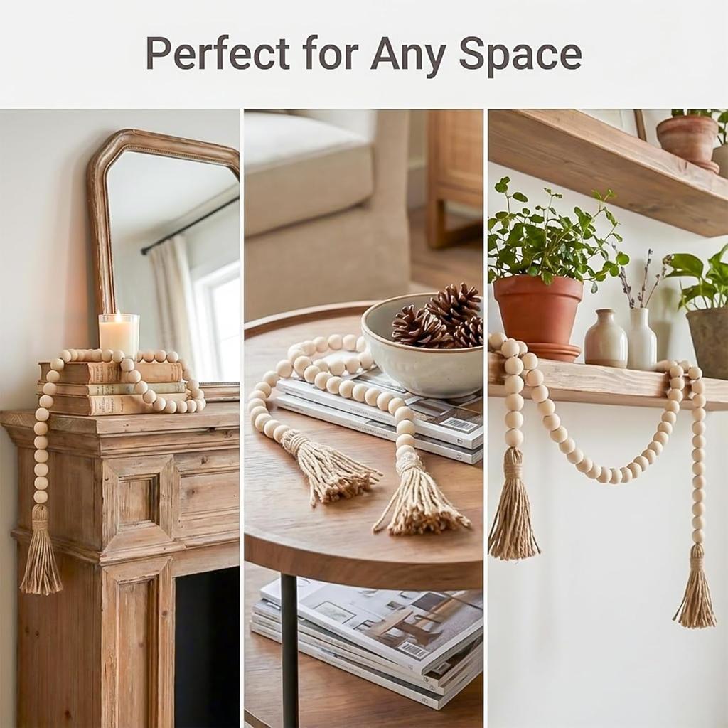 Wood Bead Garland with Tassels - 2PCS Farmhouse Rustic Country Decorative Beads Home Decor, Natural Color, 50inch 14mm 84 Round,Boho,Farmhouse Beads