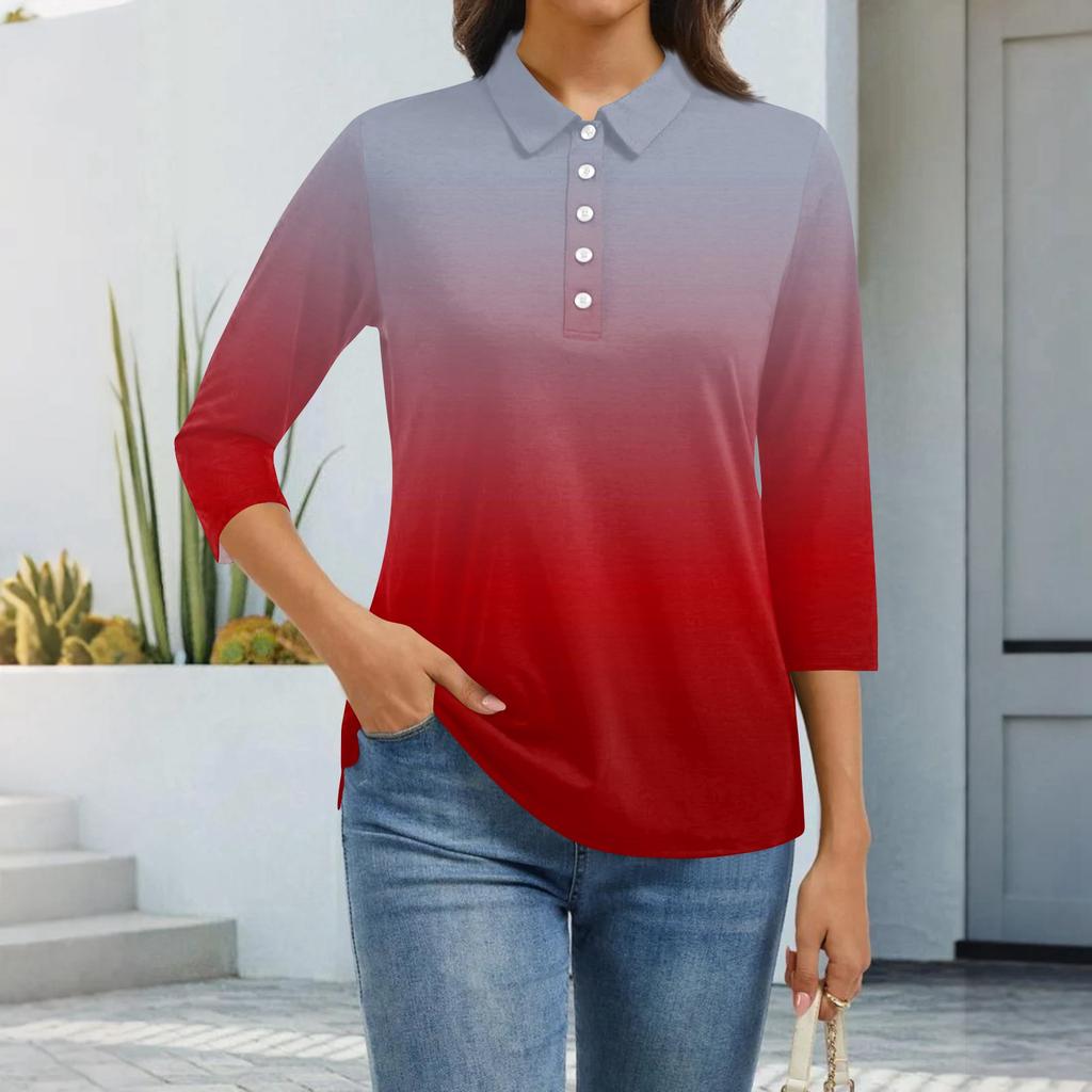 Dámská móda Ležérní klopa Krátký 3/4 rukáv Potisk Košile Dámské zapínací topy