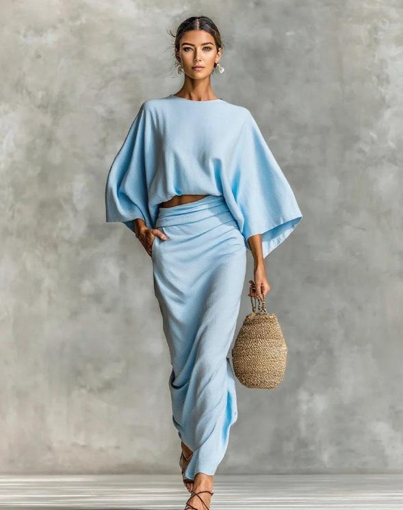 

Women s Light Beige Short Sleeve Crop Top and High Waist Long Skirt Set XXXL небо синє кольору