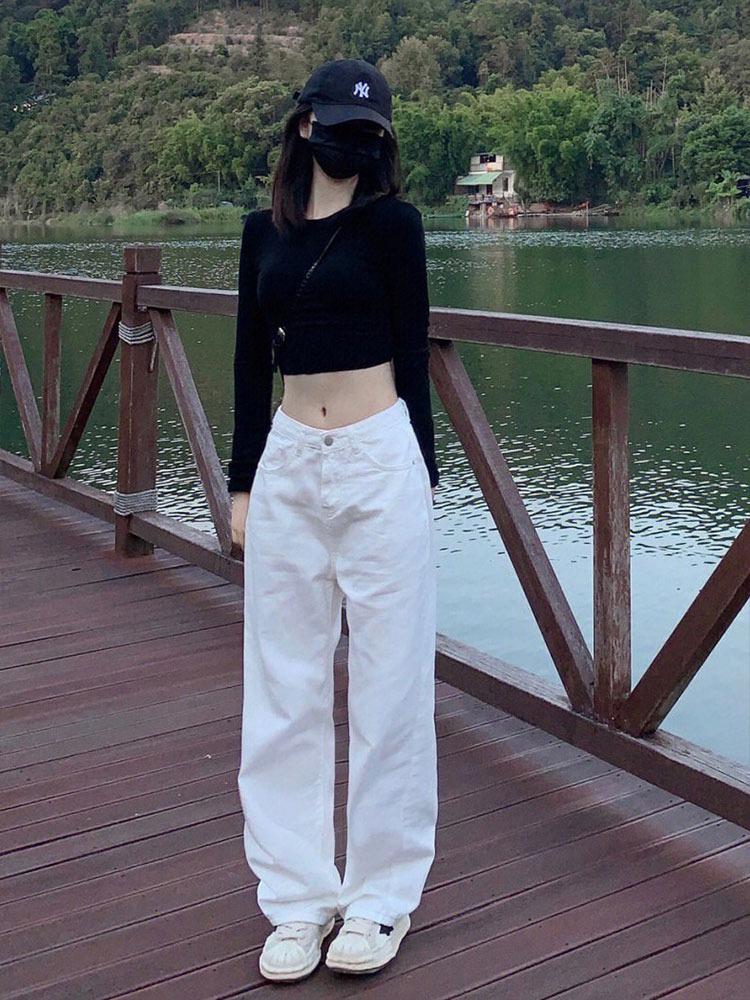 Damen 2024 High-End Weiße Straight Leg High Waist Jeans - Lockere Passform mit Ausgezeichnetem Fall