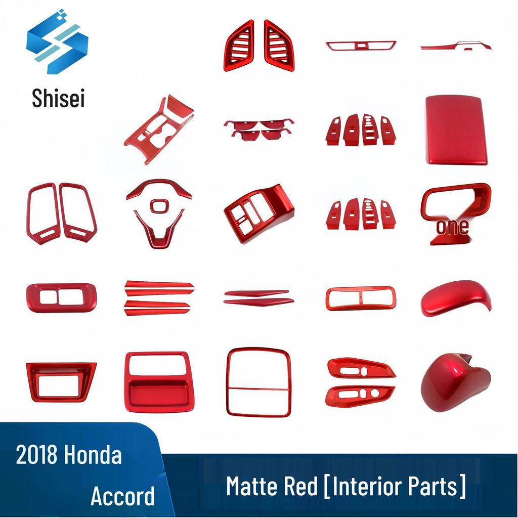 Honda Accord 18th Gen Red Interior Trim Kit: Gear Shift Frame, Armrest, Air Vent, Gear Knob, Steering Wheel.