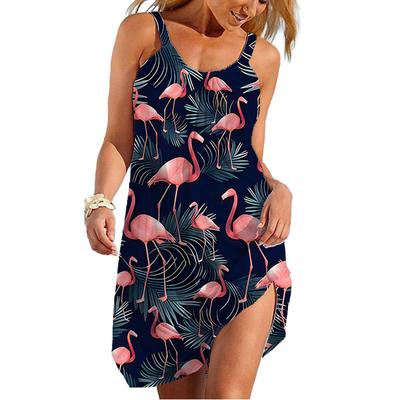 Yaz Yeni 3D Baskılı Flamingo Plaj Elbisesi Hawaiian Seksi Elbise Sırt Askılı Kollu Bol Kesim Günlük Ev Kadın Giyim